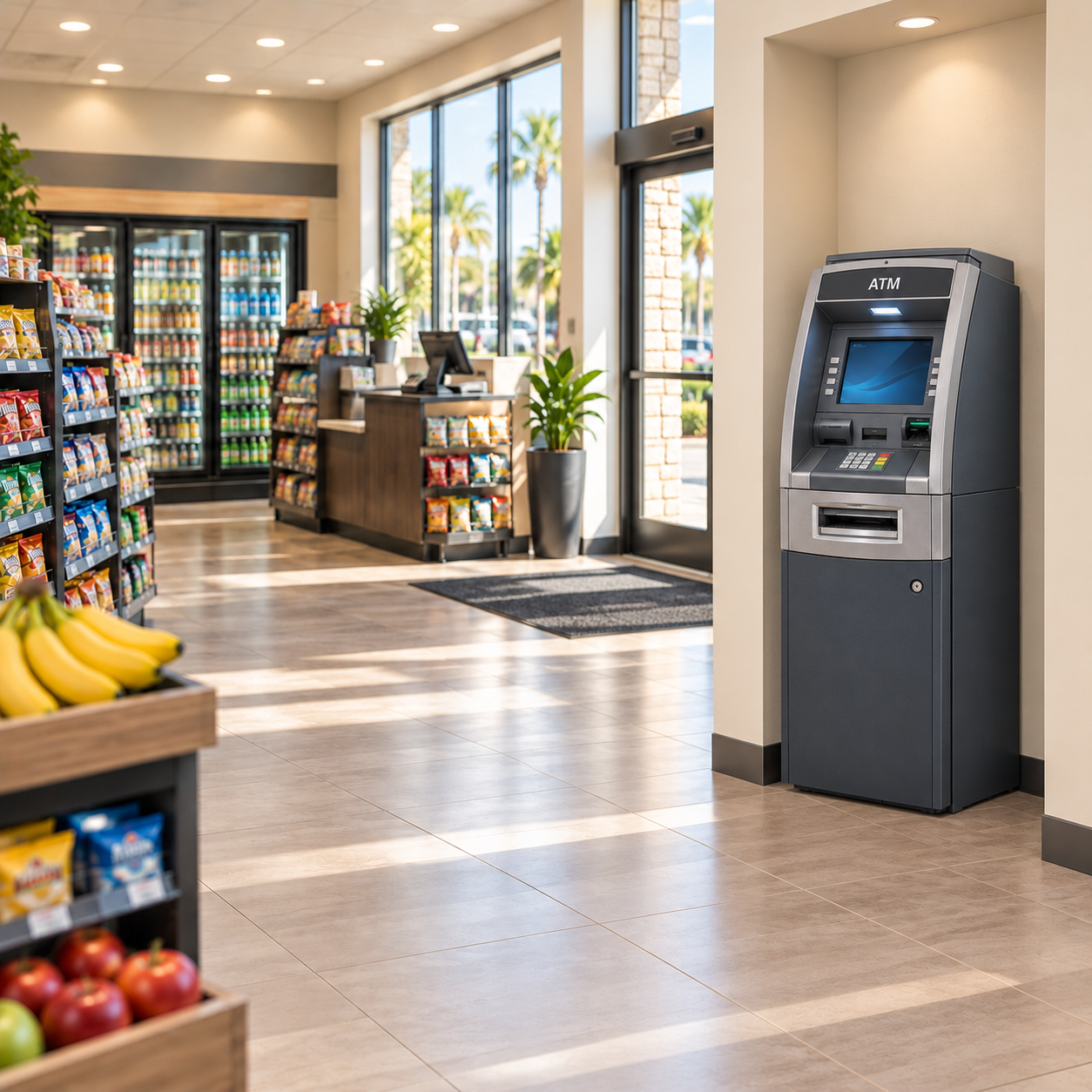 Modern ATM pictured in a retail setting
